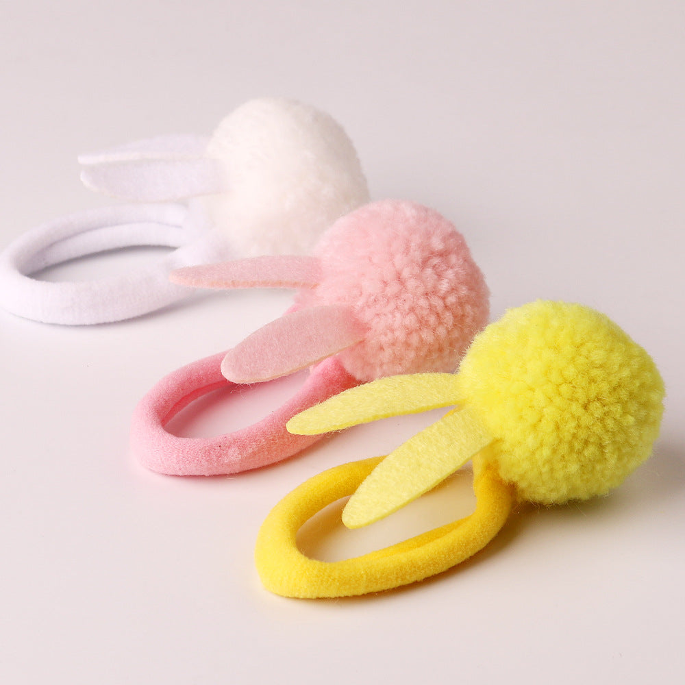 Venta al por mayor Bola de felpa multicolor Orejas de conejo Lazos para el cabello Juego de 3
