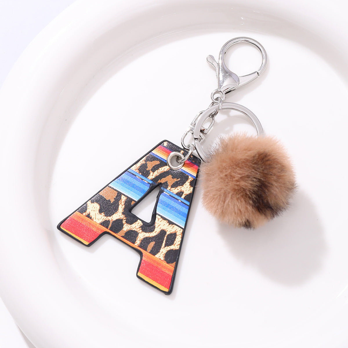 Wholesale Faux Leather Leopard Print Letter A Fur Ball Key Chain