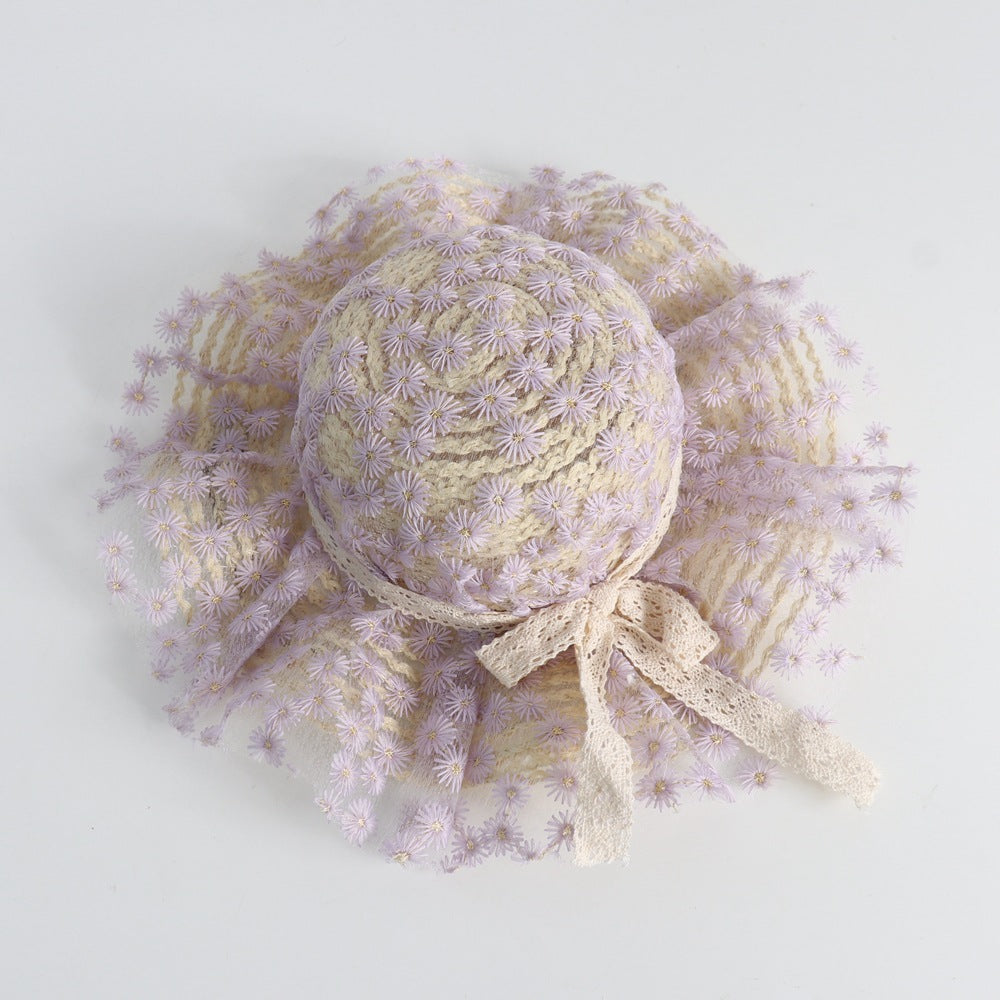 Wholesale Flower Lace Bow Kids Straw Hat
