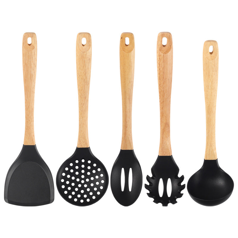 Juego de cinco piezas de cuchara de sopa de silicona con mango de madera al por mayor