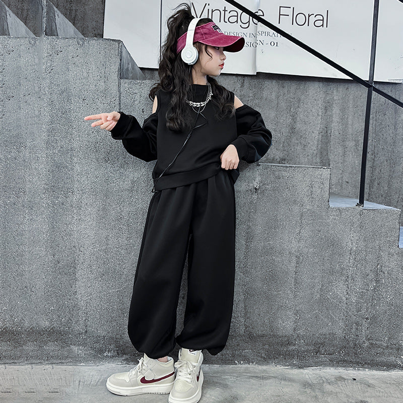 Wholesale Cotton Mid Size Children's Open Shoulder Hoodie Casual Harlan Pants Two-piece Set Trendy