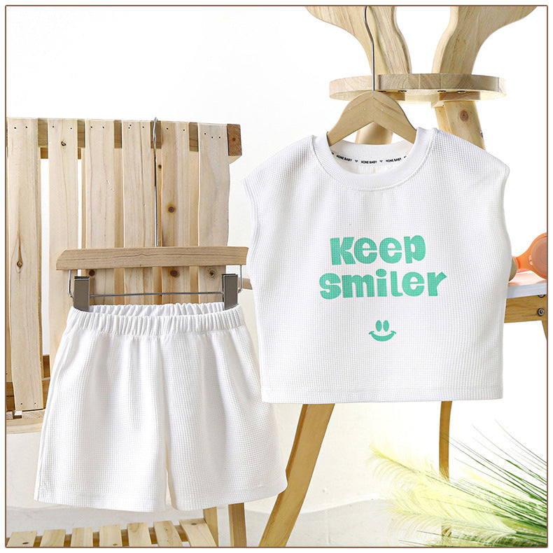 Wholesale Children Smiley Face Summer Sleeveless Suit Chemical Fiber Baby Clothes