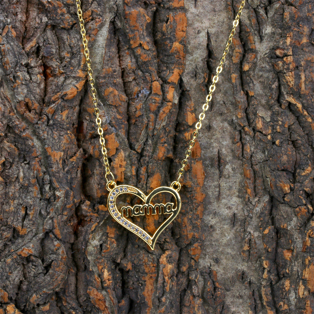 Venta al por mayor, regalo del día de la madre, collar con colgante de diamantes de mamá amor de cobre