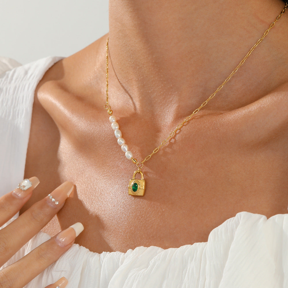 Collar de perlas de acero inoxidable geométrico verde esmeralda al por mayor