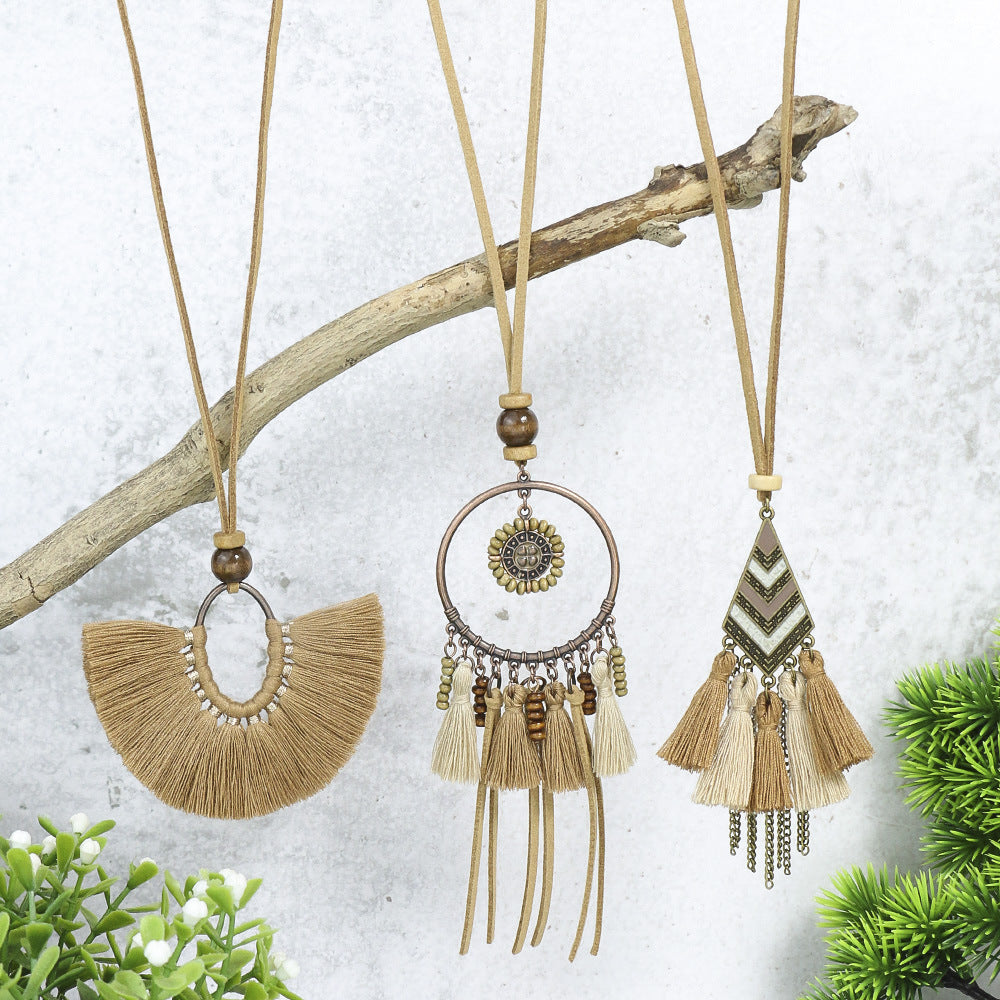 Wholesale Alloy Geometric Handwoven Ethnic Style Tassel Pendant Necklace Set