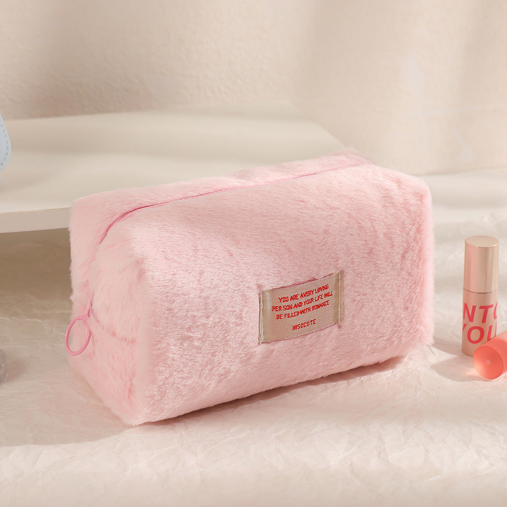 Wholesale Girls Plush Solid Color Makeup Bag Large Capacity Stationery Storage Bag