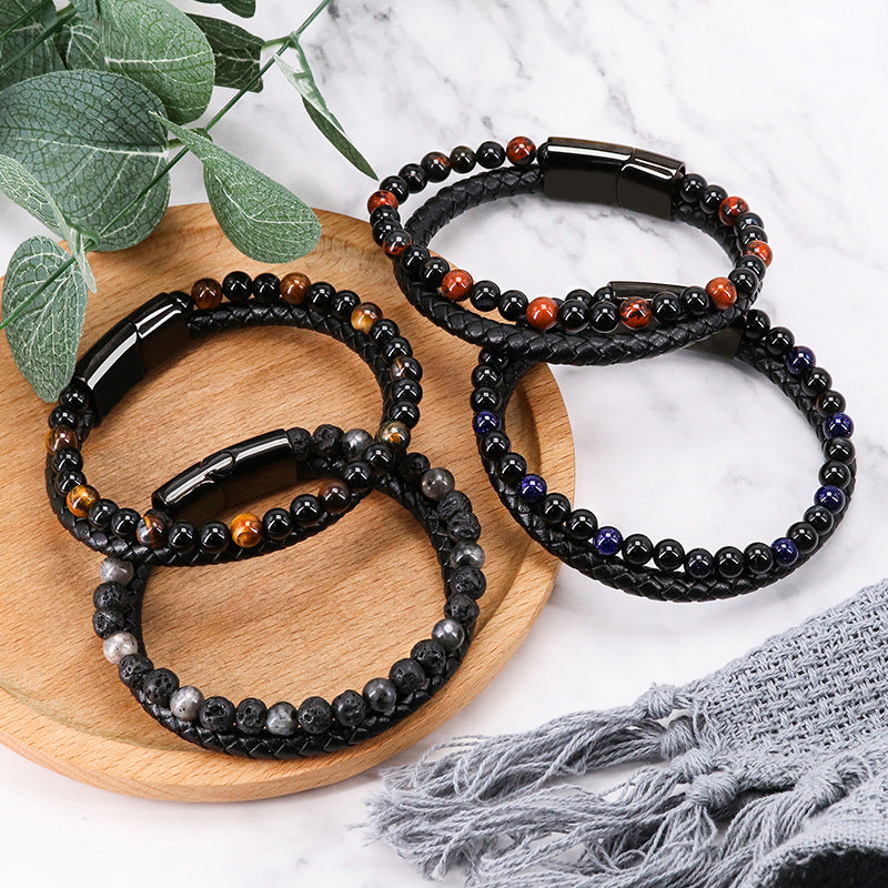 Wholesale Cowhide Rope Agate Leather Volcanic Stone Bracelets