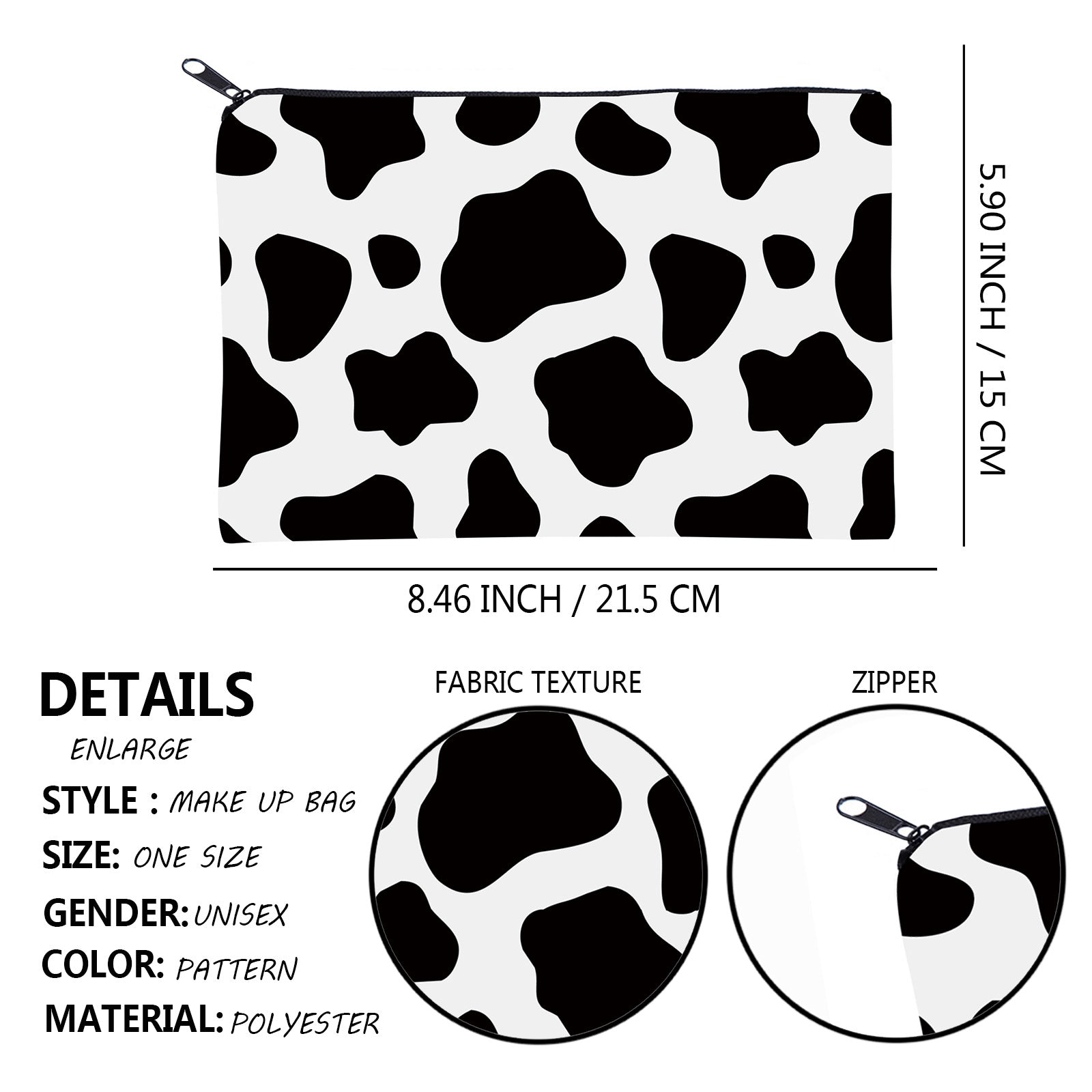 Wholesale Polyester Black and White Dairy Cow Printing Cosmetic Storage Bag