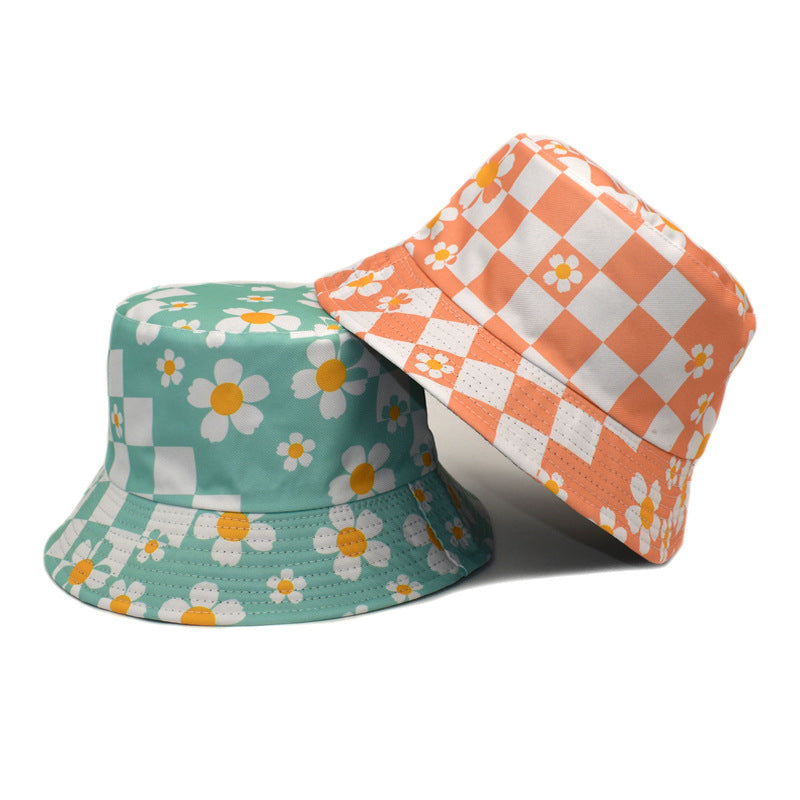 Wholesale Polyester Checkerboard Check Sunflower Flower Print Fisherman Hat