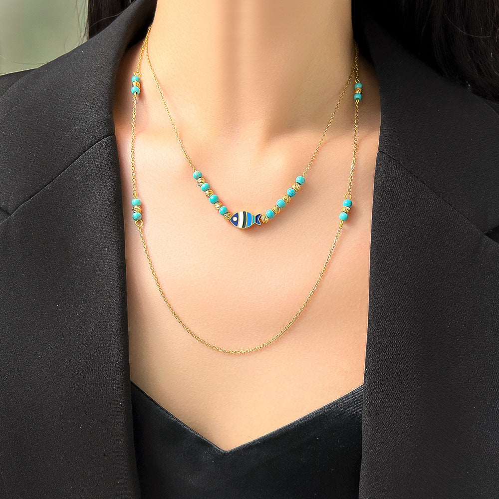 Wholesale Titanium Steel Layered Wear Drop Turquoise Necklace