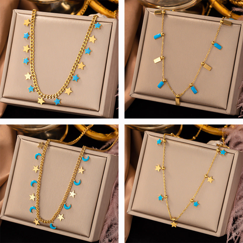 Wholesale Titanium Steel Double Layer Turquoise Pendant Necklace