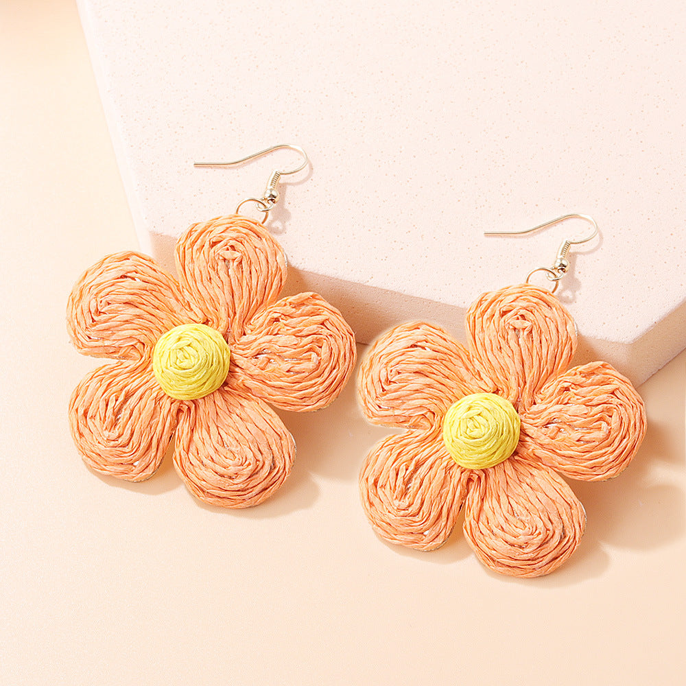 Wholesale Vacation Style Braided Flowers Straw Rope Earrings