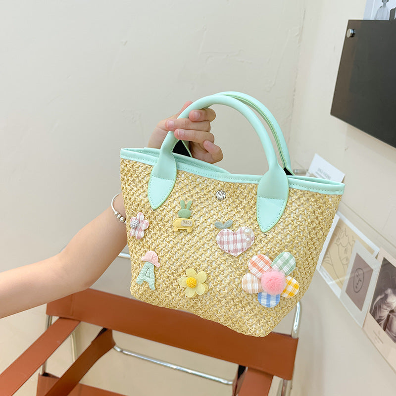 Venta al por mayor Bolsa de paja de asas de apliques de vacaciones