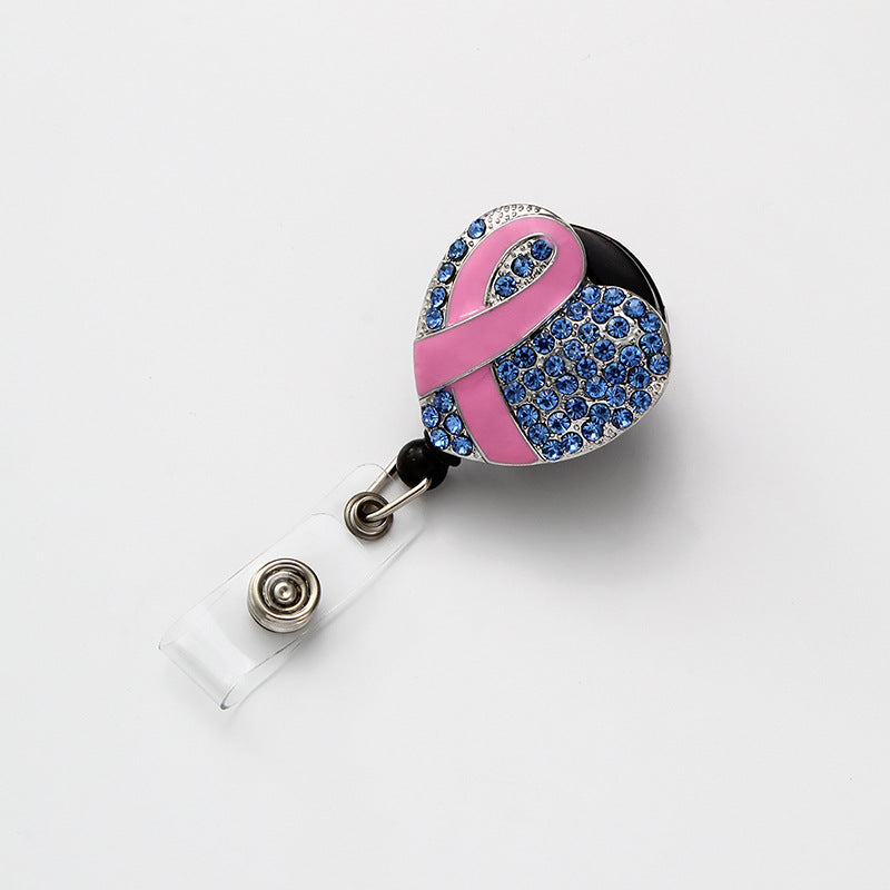 Wholesale Badge Reels Pink Ribbon Diamond Retractable Keychain Alloy Keychain