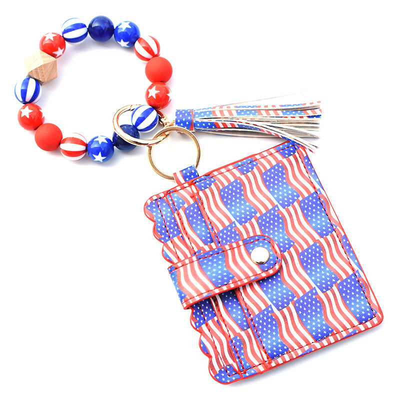 Wholesale American Independence Day PU Card Holder Ladies Coin Purse Wrist Keychain