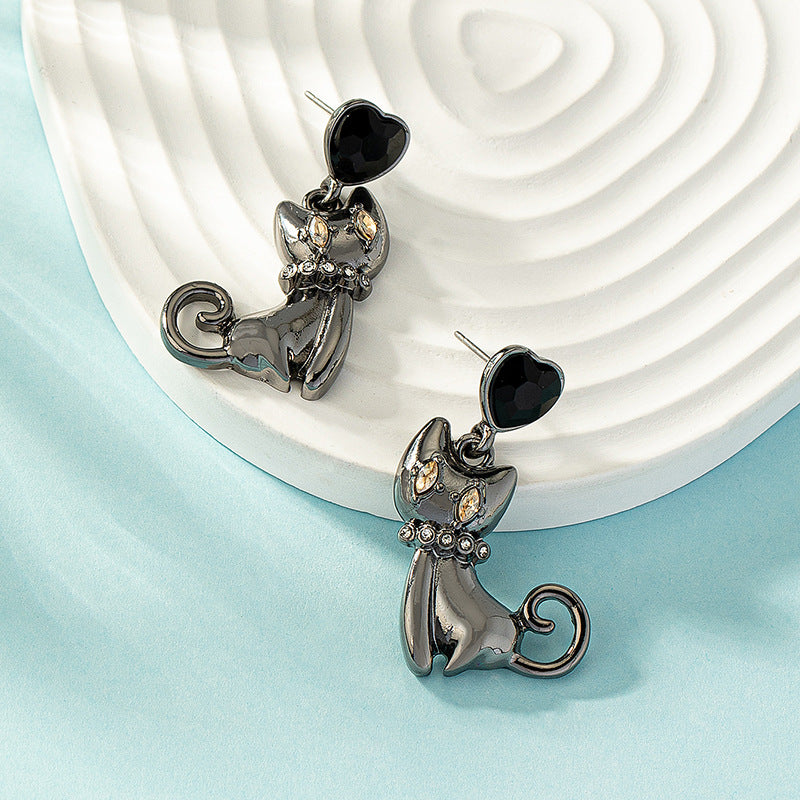 Wholesale Diamond Set Cute Kitten Alloy Ear Studs