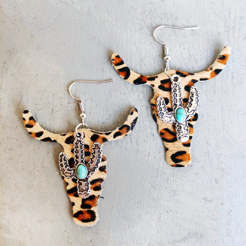Wholesale 2 Pairs/Pack Leopard Cow Pattern Cactus Bull Head Alloy Leather Earrings