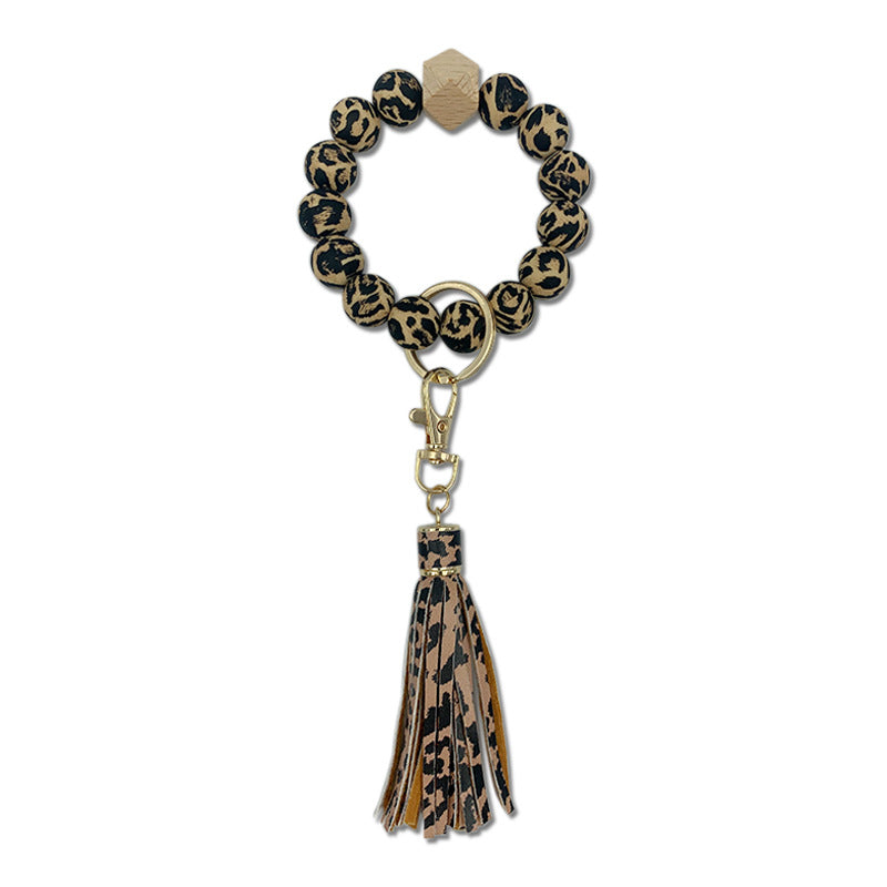 Wholesale Leopard Silicone Beaded Tassel Wrist Keychains