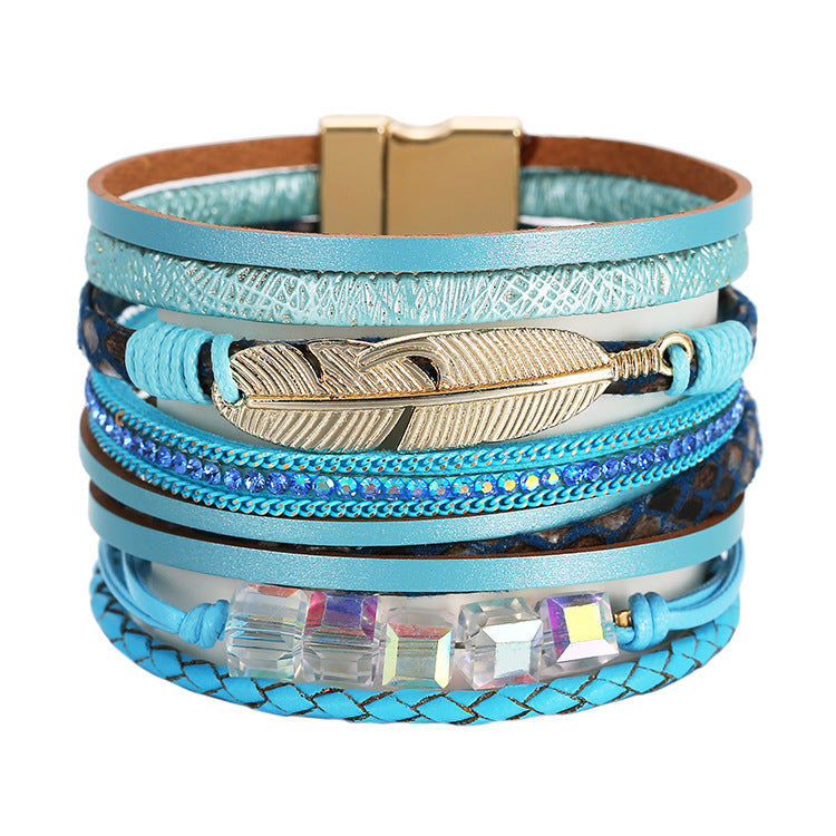 Wholesale Bohemian Crystal Feather Leather Bracelet