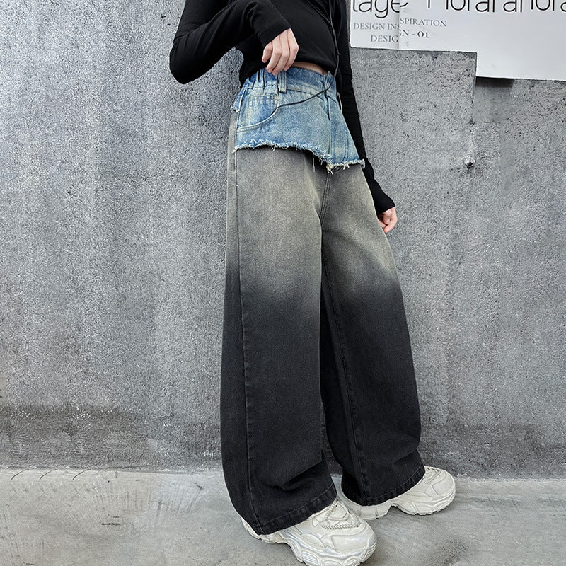Wholesale Children's Waistband Contrasting Raw Edge Gradient Straight Wide Leg Cotton Jeans