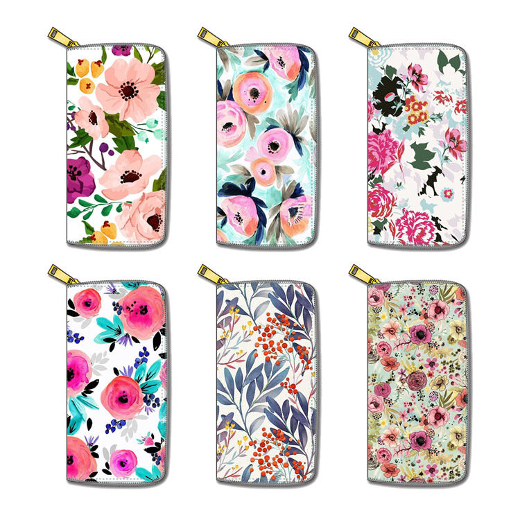 Venta al por mayor Cartera larga con cremallera de flor PU