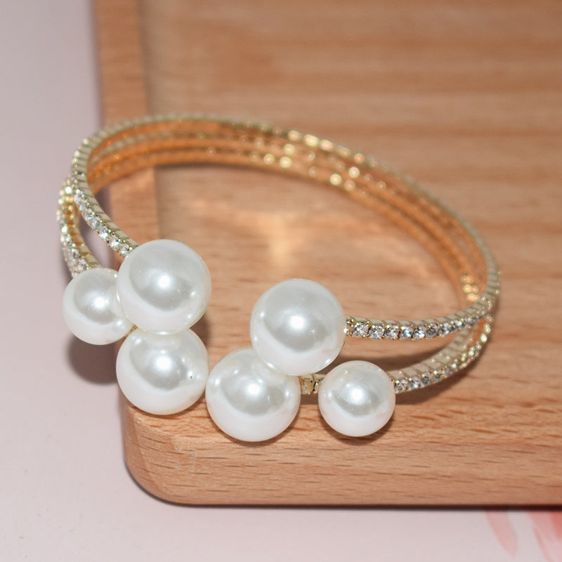 Wholesale Pearl Rhinestone Multilayer Opening Bracelet