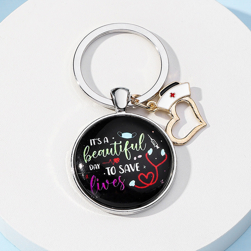 Wholesale Nurses Day Gift Color Printing Time Glass Round Plate Keychain
