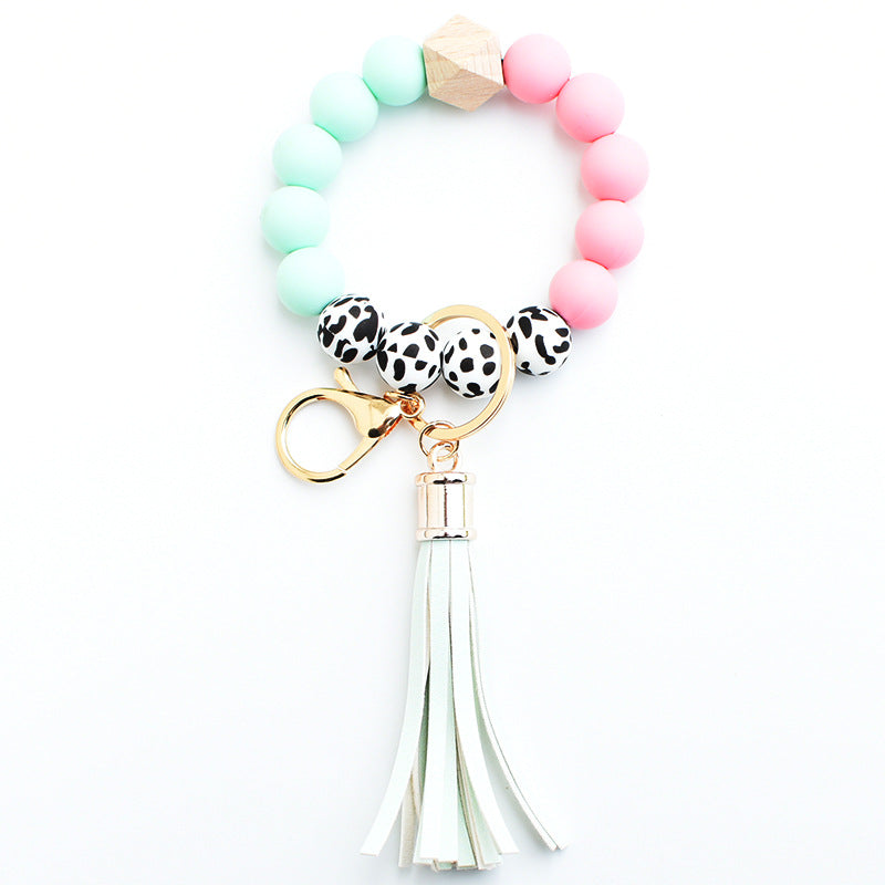 Wholesale Silicone Leopard Pattern Beaded Tassel Wrist Keychain