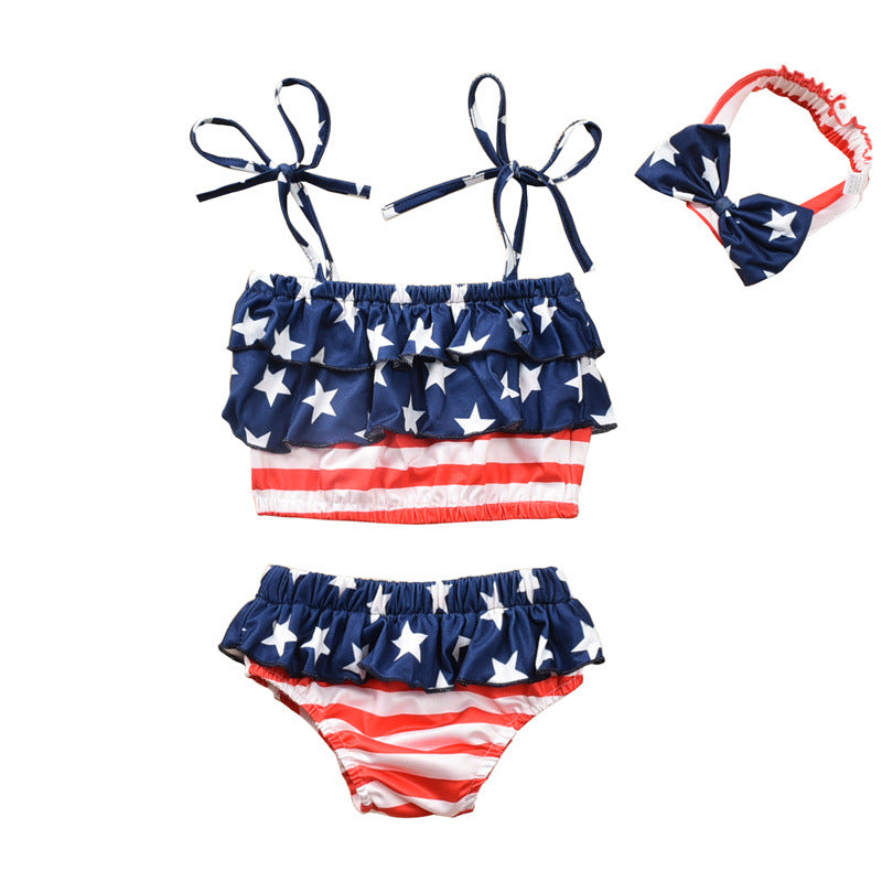 Wholesale American Flag Girls Split Polyester Swimwear