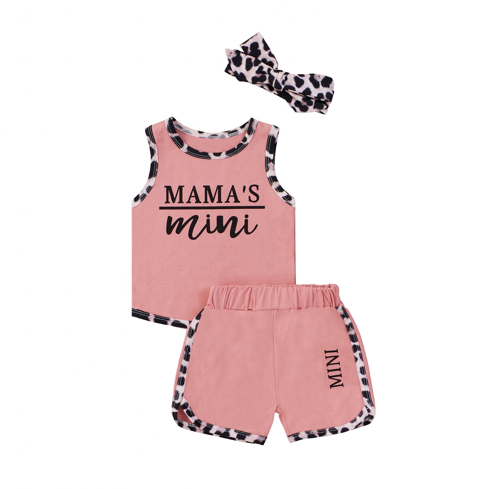 Venta al por mayor Chaleco de algodón de leopardo Pantalones cortos Accesorios para el cabello Conjunto de 3 piezas Ropa de bebé