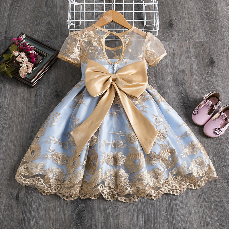 Wholesale Polyester Girls Dress Bow Embroidered Princess Dress