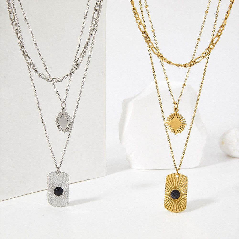 Wholesale Black Onyx Square Plaque Radiant Texture Stainless Steel Gold Plated Necklace