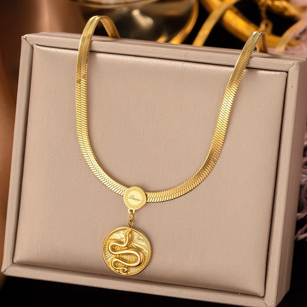 Wholesale Retro Simple Oval Turquoise Snake Bone Titanium Steel Necklaces