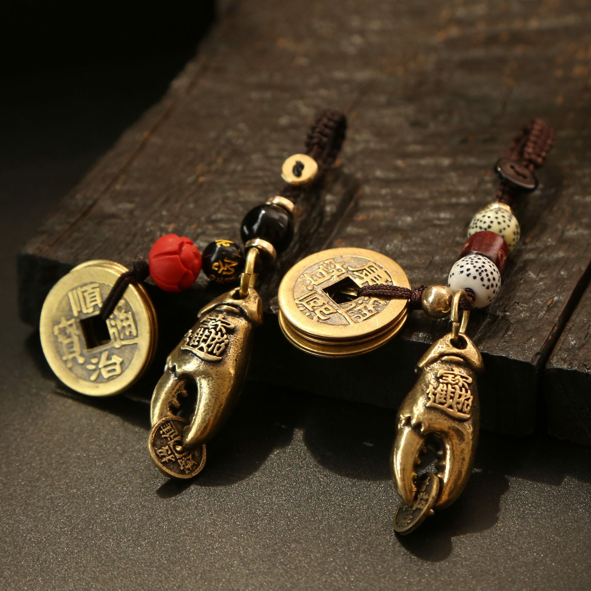 Wholesale Brass Crab Pliers with Five Emperor Coins Keychain