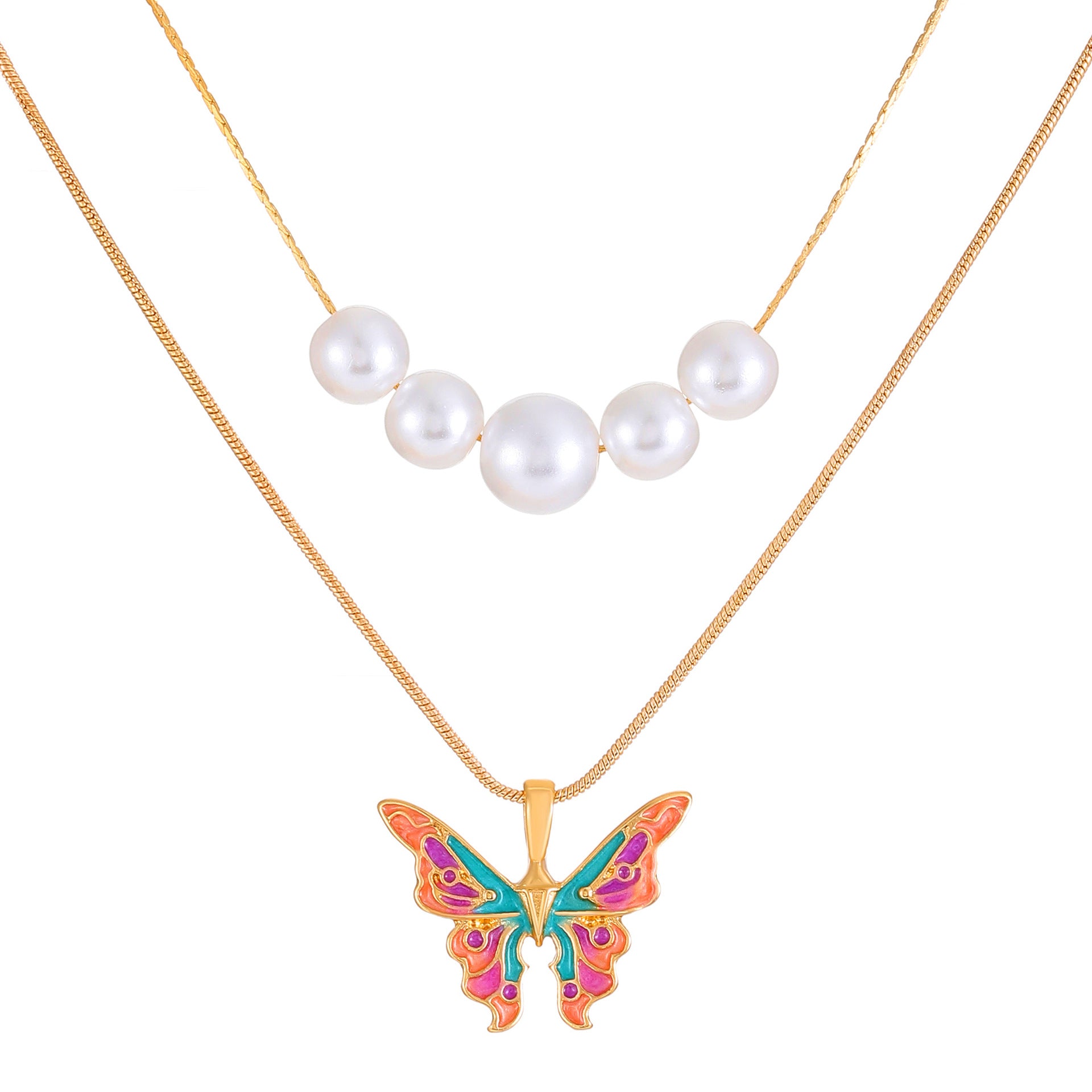 Wholesale Alloy Butterfly Necklace Pearl Double Chain Necklace