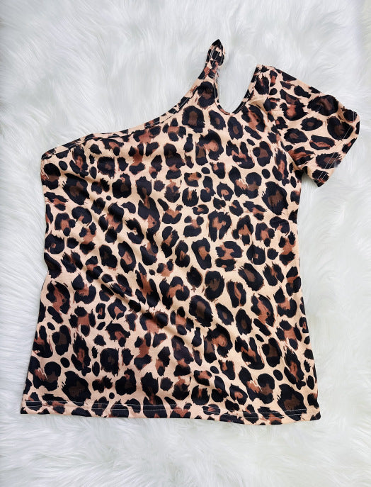 Wholesale Dacron Western Style Cow Pattern Round Neck Off Shoulder Women's One Shoulder Short Sleeve