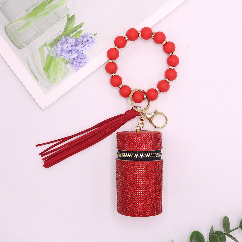 Wholesale Leopard Cow Pattern Leather with Diamond Mouth Red Envelope Silicone Beaded Wrist Keychain