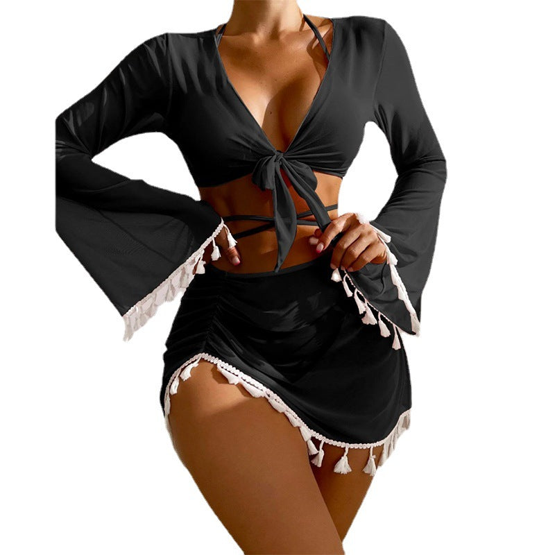 Wholesale Pure Color Fringed Mesh Blouse Short Skirt 4-Piece Set Polyester Swimwear