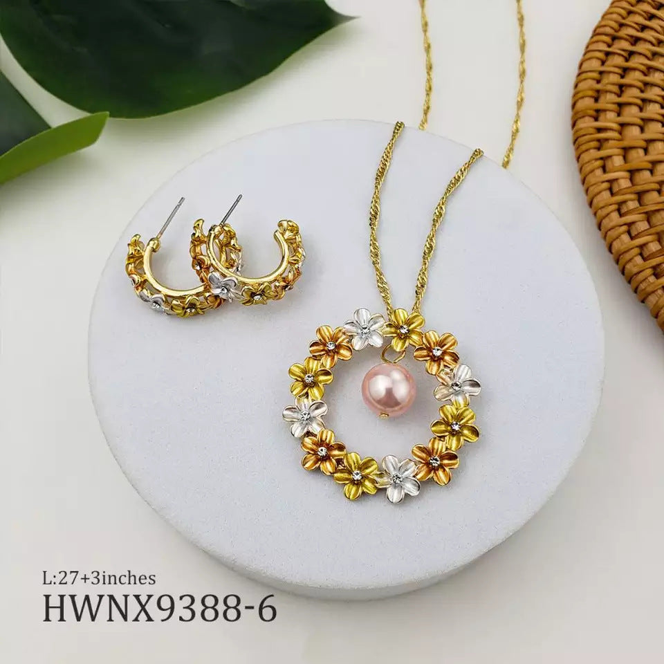 Conjunto de joyas de pendientes de cobre y perlas con corona tricolor hawaiana al por mayor