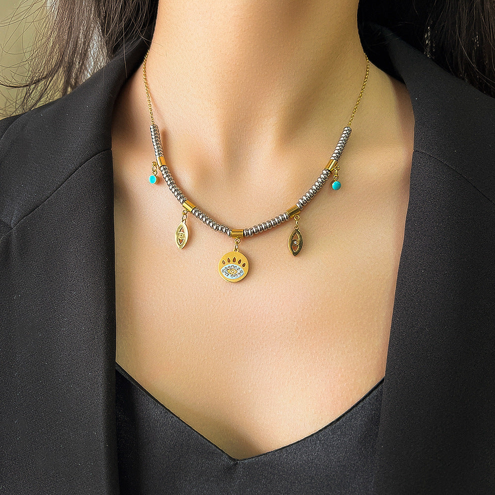 Wholesale Titanium Steel Double Layer Turquoise Pendant Necklace