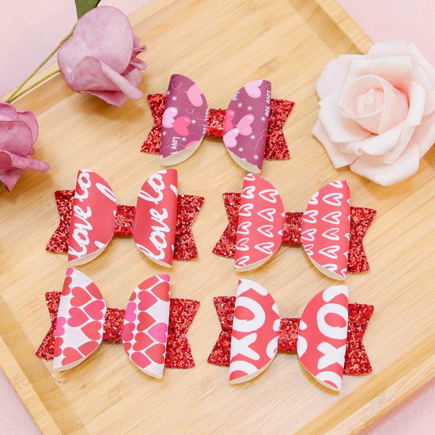 Wholesale Valentine's Day Love Letter Printing Pattern Bow Knots Fabric Hair Clip