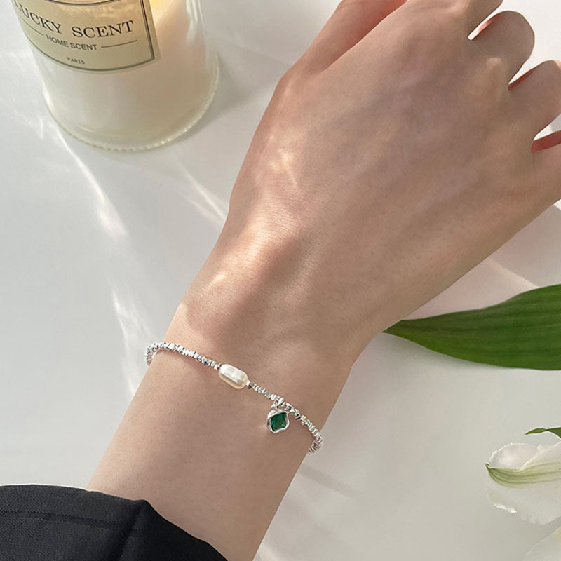 Wholesale 925 Sterling Silver Green Diamond Pendant Pearl Bracelet
