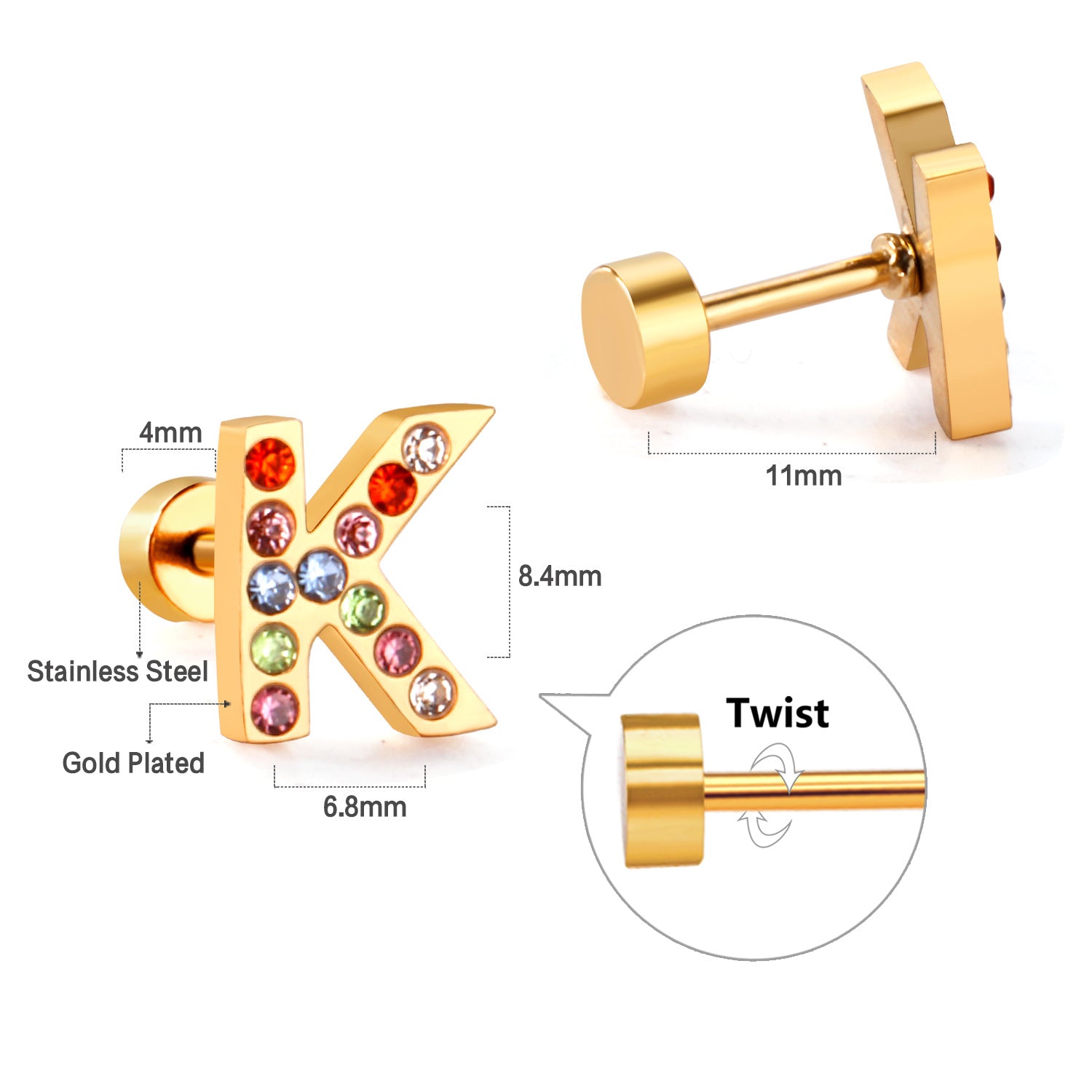 Wholesale Gold 26 Letters Stainless Steel Ear Studs Earrings