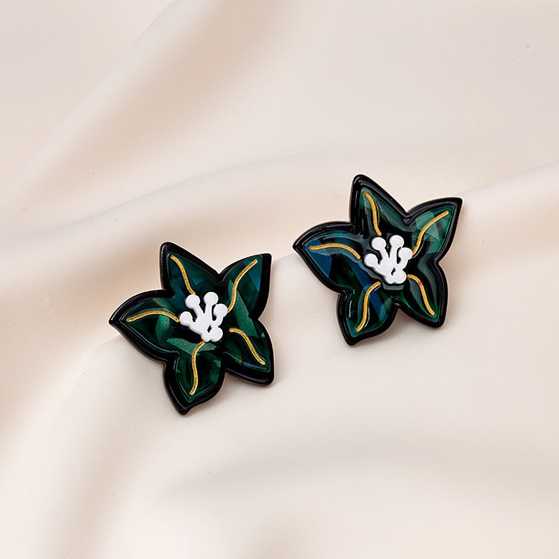 卸売花と葉の油絵シルバー針アクリル イヤリング