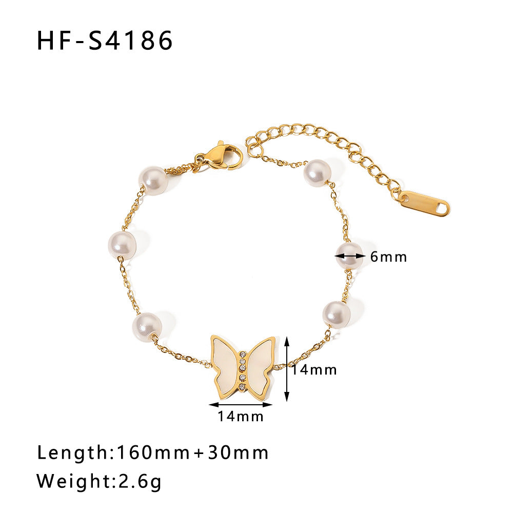 Wholesale Vintage Round Butterfly Natural Stone Zircon Pearl Stainless Steel Bracelet