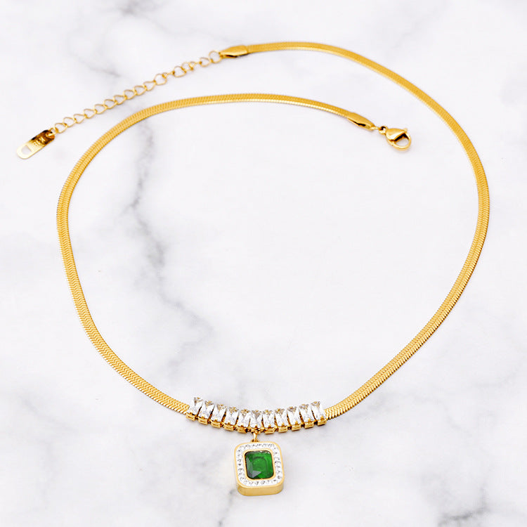 Wholesale Flat Snake Chain Green Diamond Square Titanium Steel Necklaces