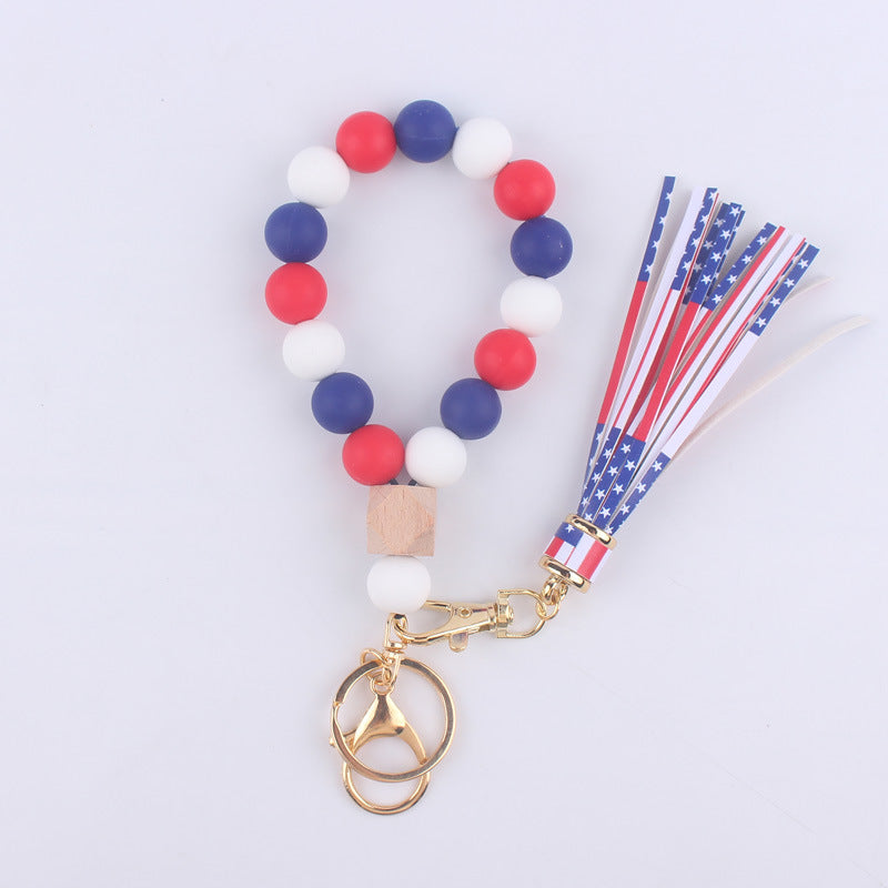 Wholesale US Flag Tassel Silicone Beaded Wrist Keychain