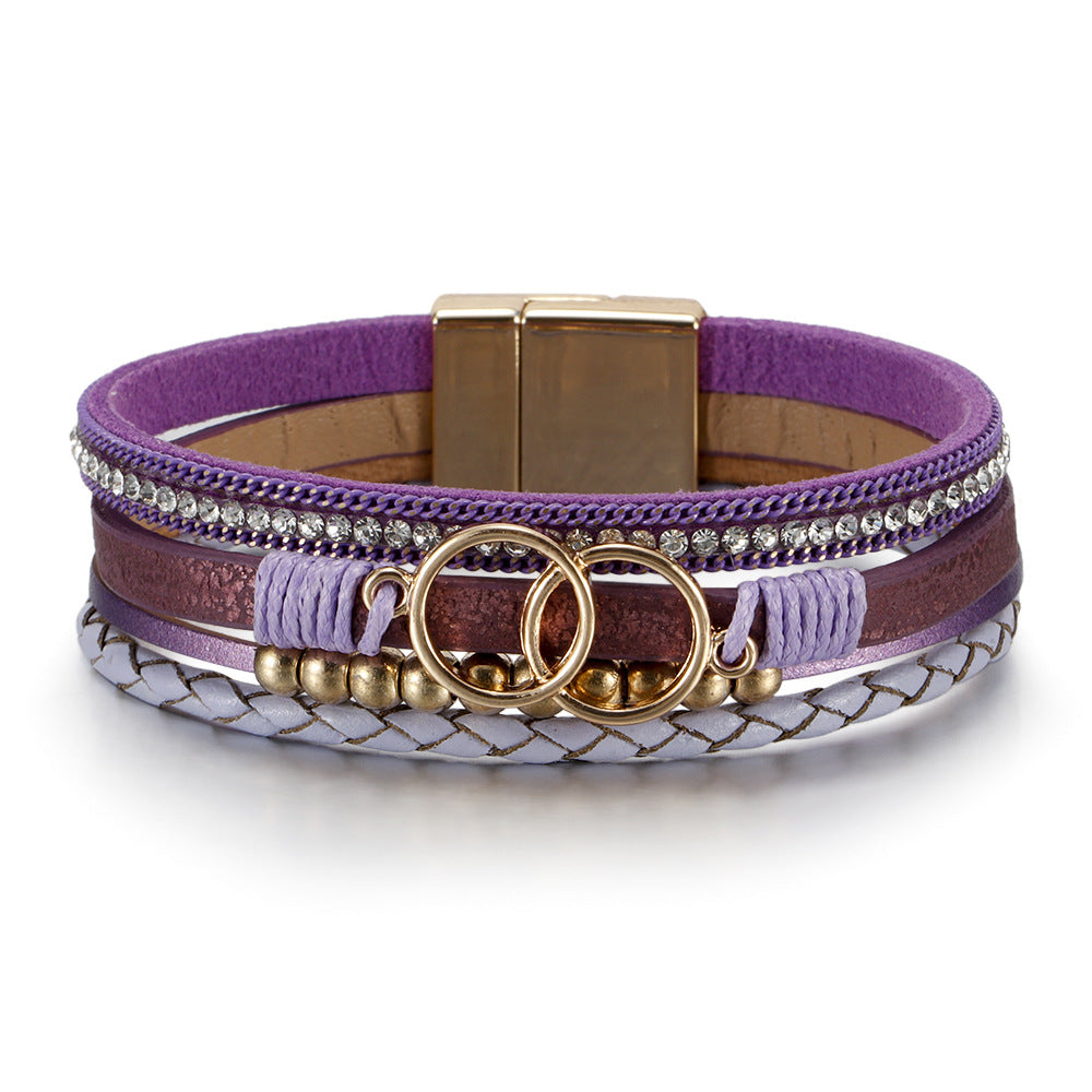 Wholesale Multilayer Braided Leather Double Circle Magnet Buckle Bracelet