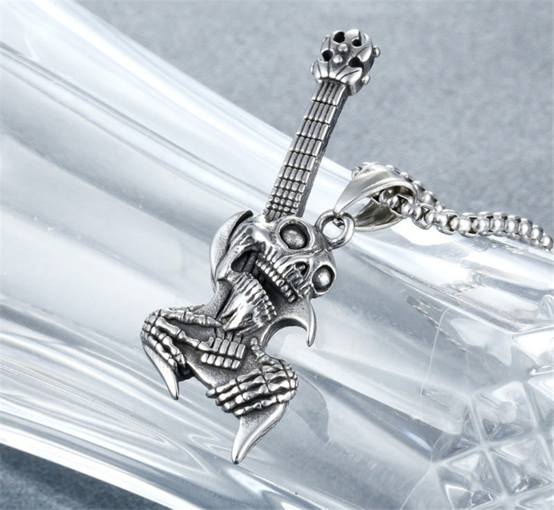 Wholesale Stainless Steel Skull Rock Guitar Pendant Necklace