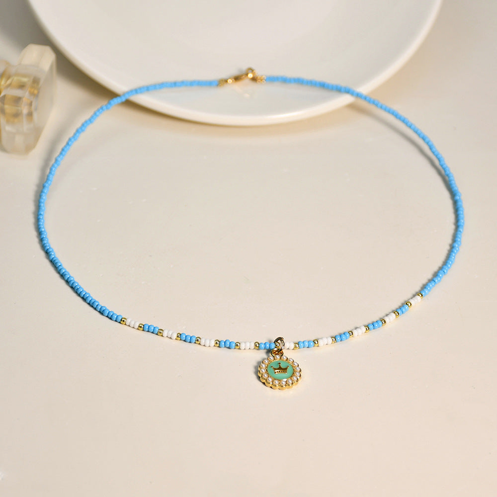 Wholesale Glass Colorful Hand Beaded Crown Pendant Pearl Necklace